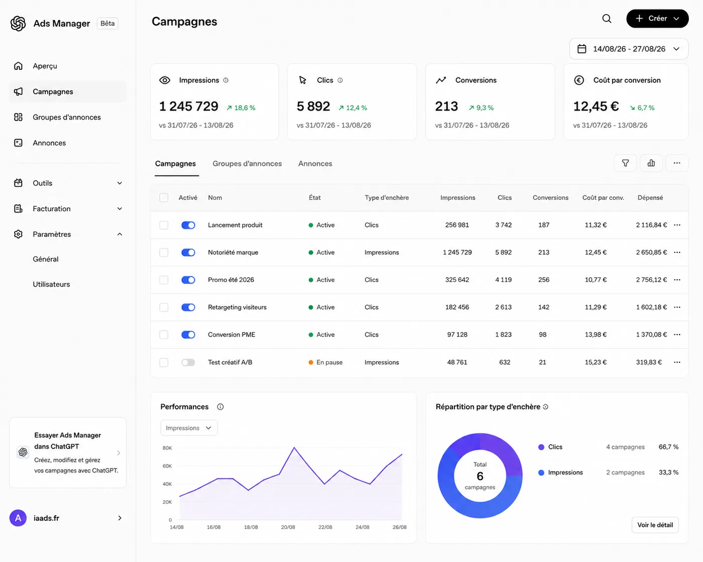 Interface de gestion de campagnes : impressions, clics, conversions, coût par conversion et liste des campagnes.
